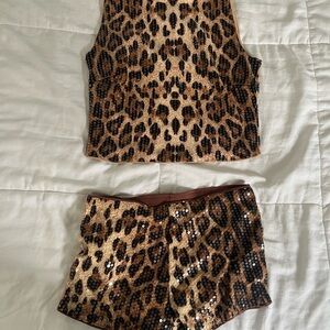 Leopard Print Sequin Crop Top and Shorts Set